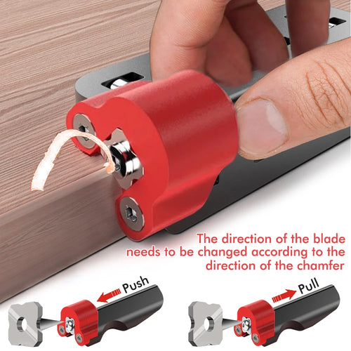 Woodworking edge trimming knife with red cutter housing and exposed blade edge