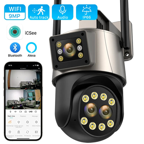 Outdoor WiFi security PTZ camera with dual lenses and IR night vision