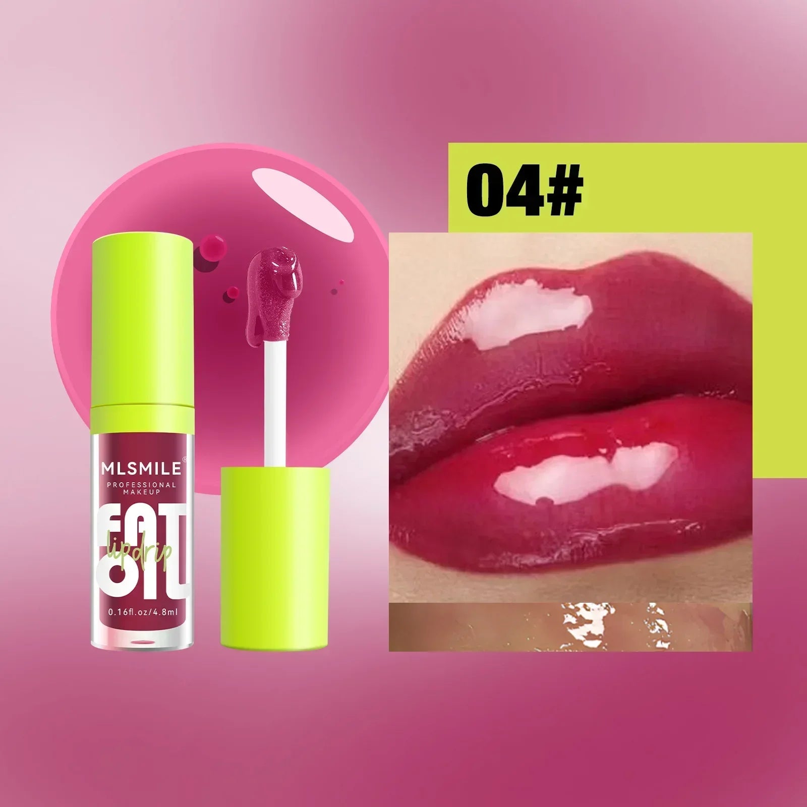Moisturizing glitter lip gloss in berry shade 04, featuring a high-shine plump finish and applicator wand.