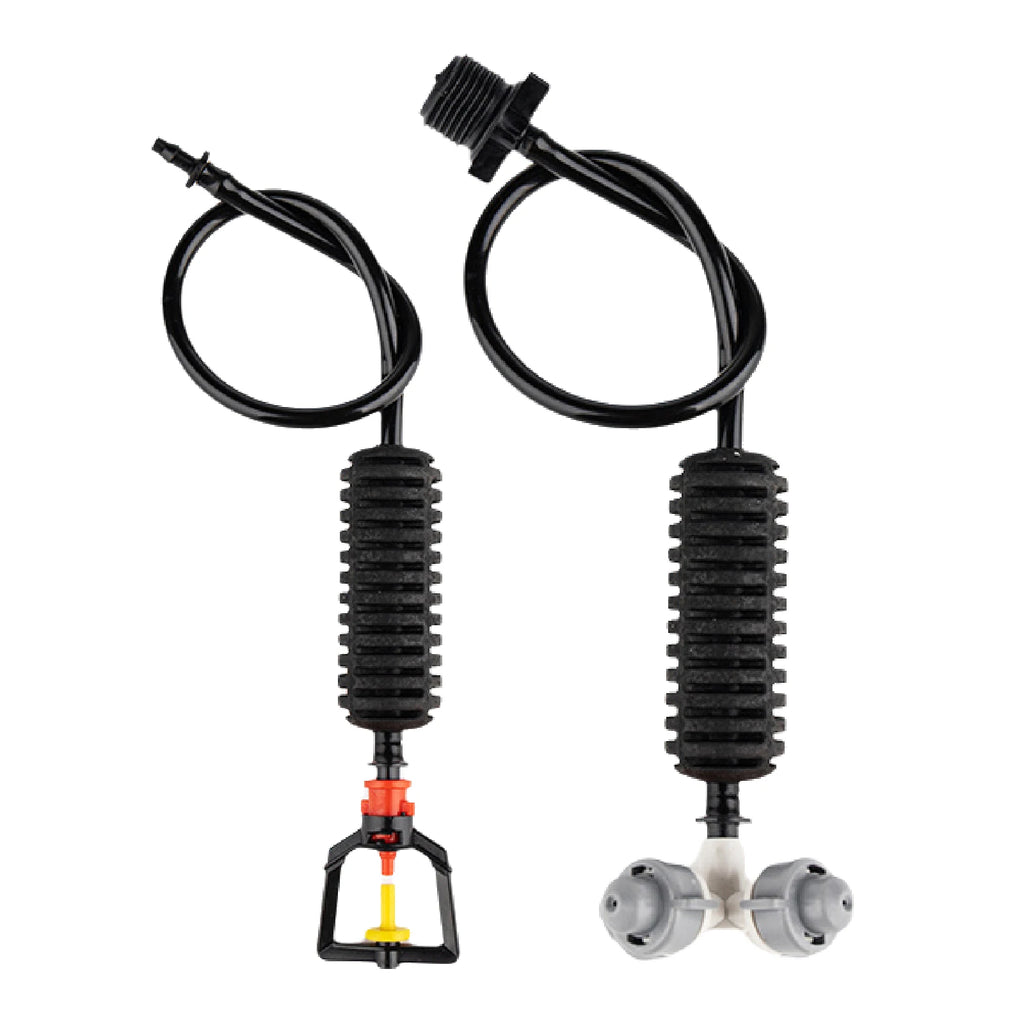 Inverted micro sprinkler nozzle set with two black hoses and gray dual outlets