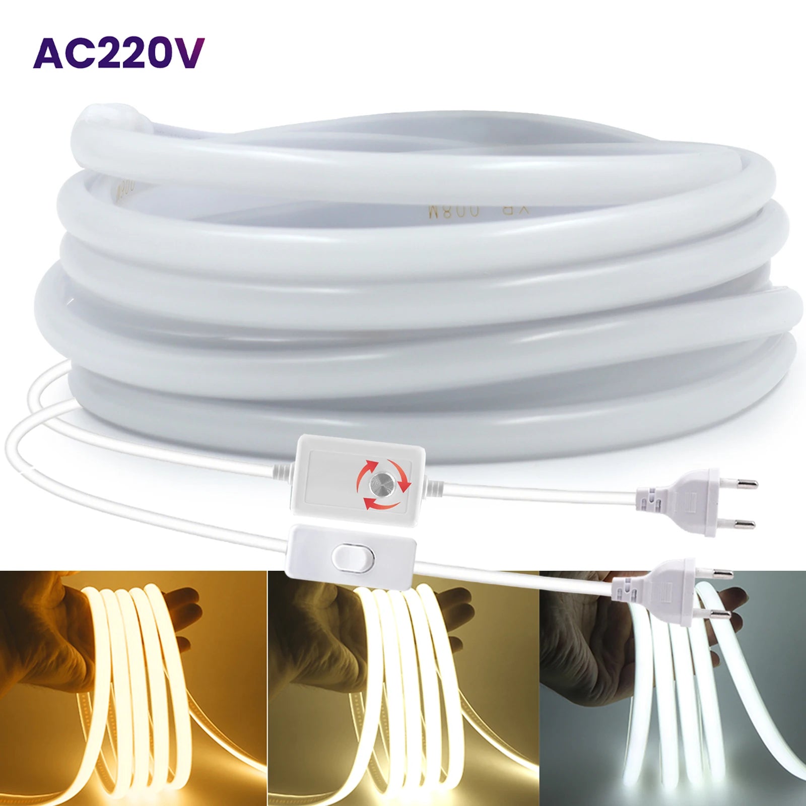 220V Dimmable COB LED Strip Light 288 LEDs/M Dimmer Switch ON/OFF Waterproof EU Plug Flexible Neon Lamp Decor 3000K 4000K 6000K
