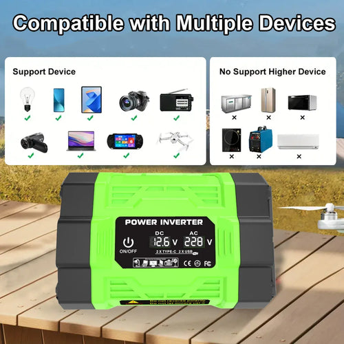 Bright green and black power inverter on a wooden table, showing digital voltage display and compatibility icons.