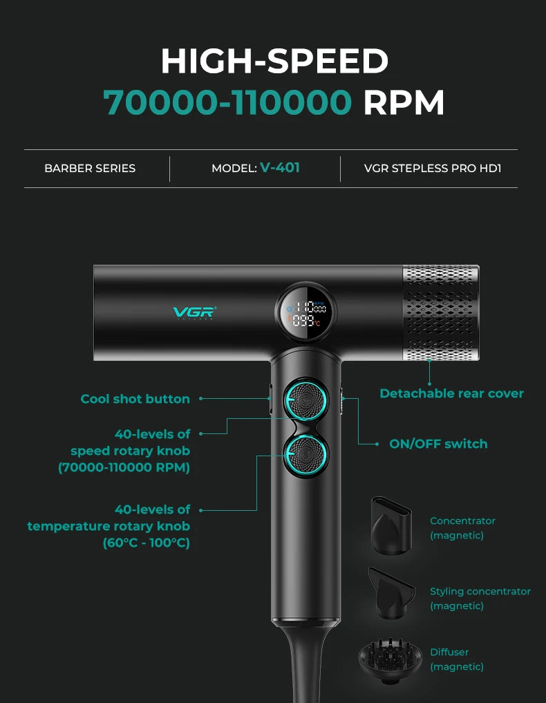 VGR V-401 black pro hair dryer: 110k RPM, LCD display, speed/temp knobs, and 3 magnetic attachments for salon styling.