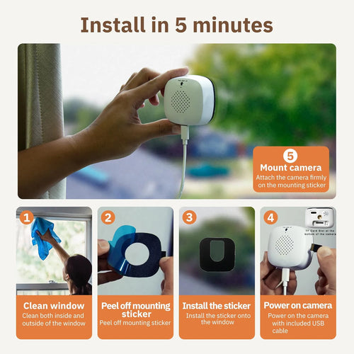 Outdoor window camera install shows handheld device mounting with sticker on window.