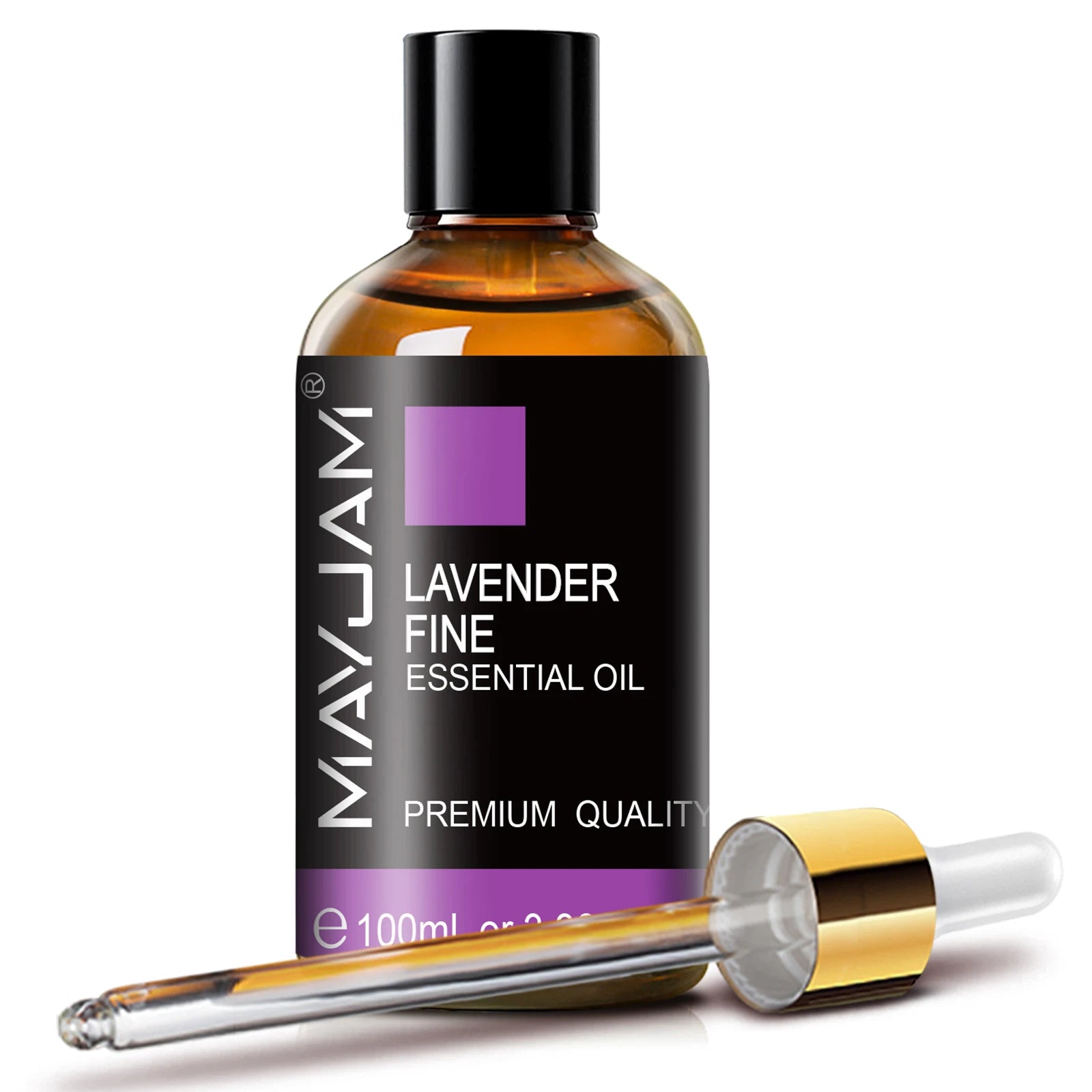Lavender fine essential oil 100ml bottle with black cap and gold-tipped dropper