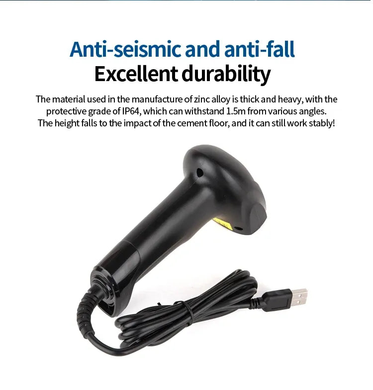 Black wired barcode scanner with USB cable connection and reinforced handle