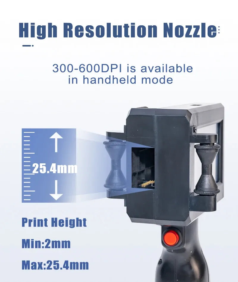 Handheld inkjet printer nozzle close-up with 300–600 DPI spec and print height range
