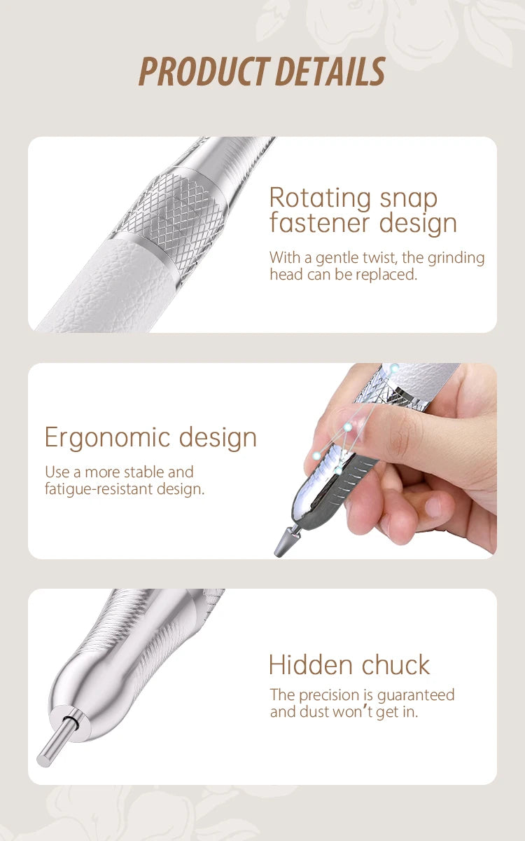 Ergonomic 40000RPM electric nail drill handpiece with white finish, twist-lock chuck, and anti-dust design for salon.