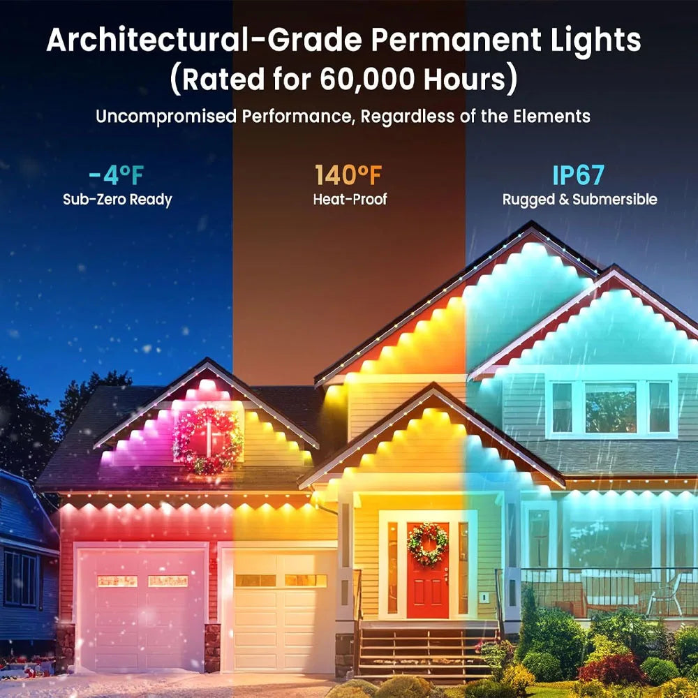 LED Permanent Outdoor Lights IP67 Waterproof RGBIC Eave Lights With Remote for Christmas New Year Roof DIY Holiday String Light