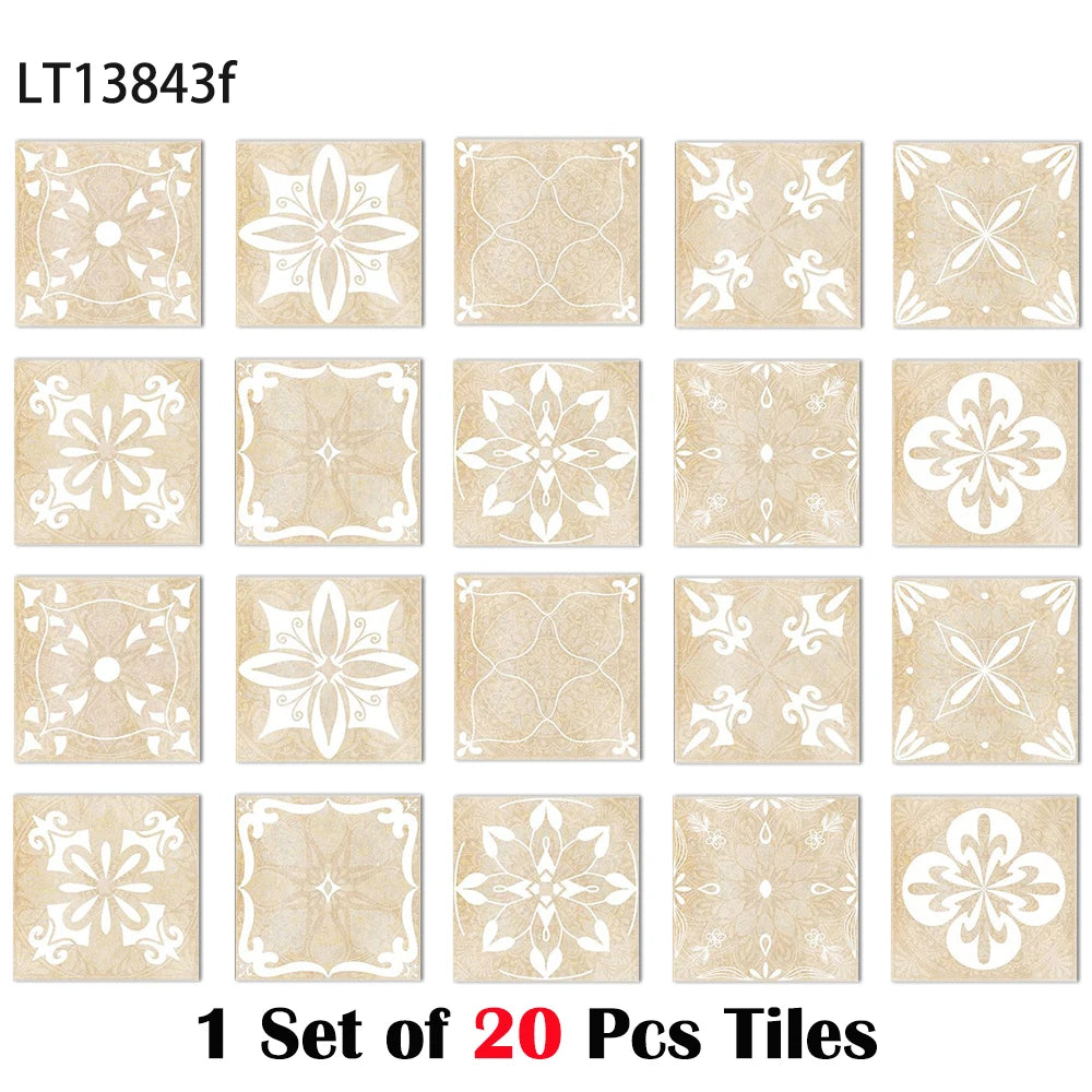 Glossy boho tile stickers set of 20, beige with white botanical leaf floral designs