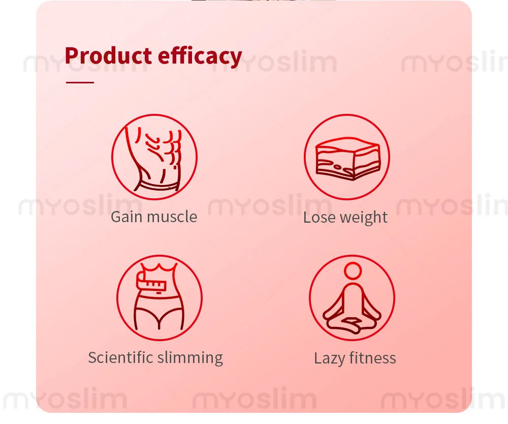 Infographic showing EMS body sculpt machine benefits: muscle gain, weight loss, slimming, and easy home fitness.