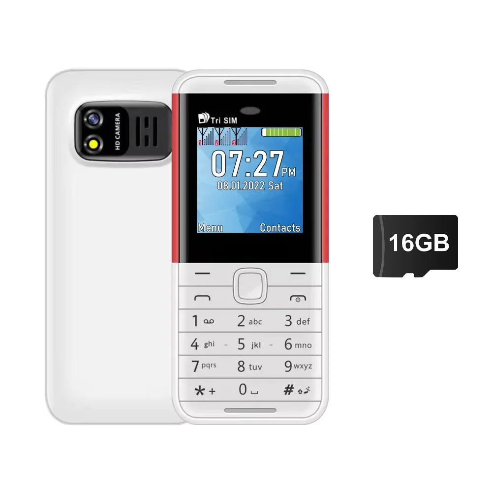 White mini triple SIM feature phone with 16GB storage label