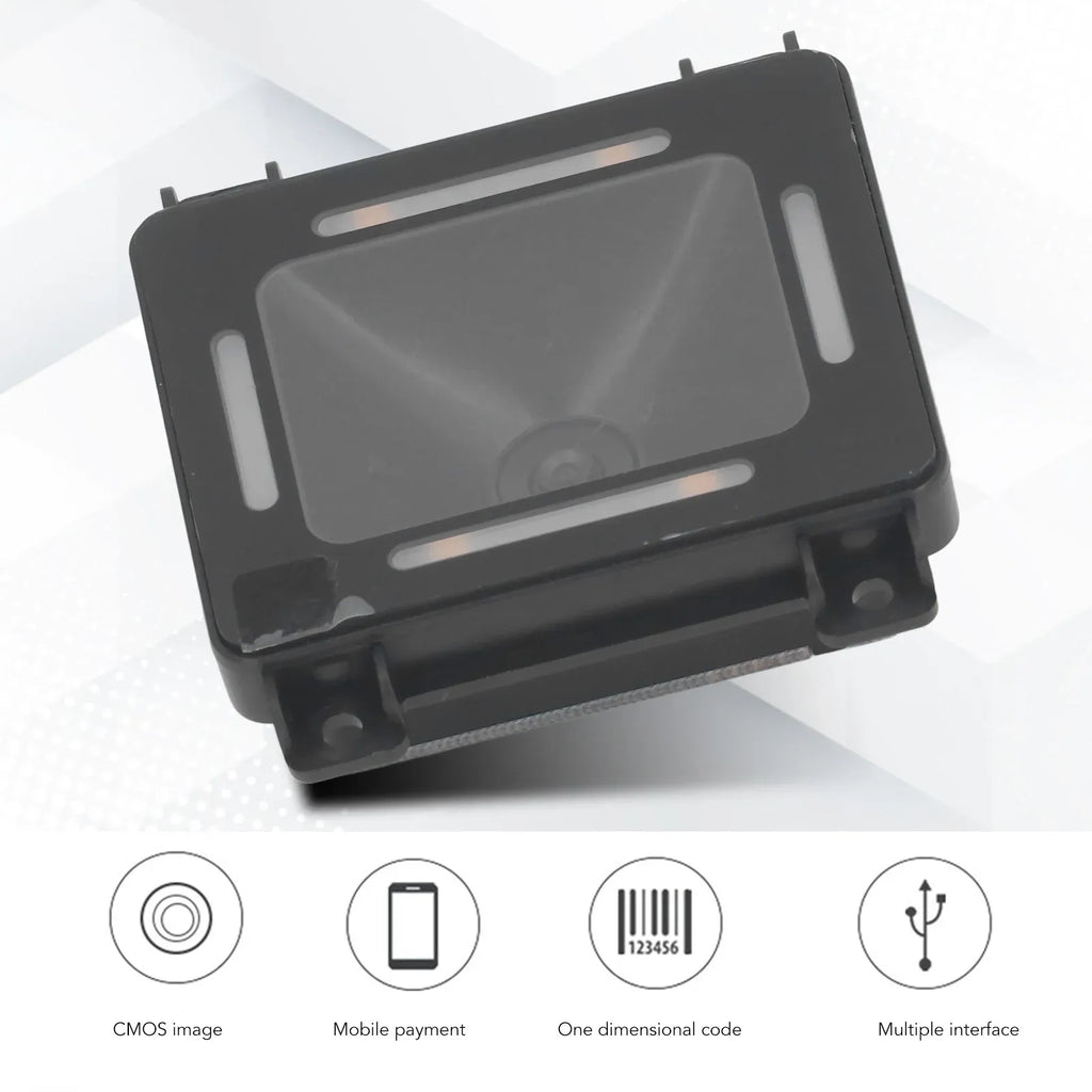 Black barcode scanner module front view with scan window and side mounting tabs