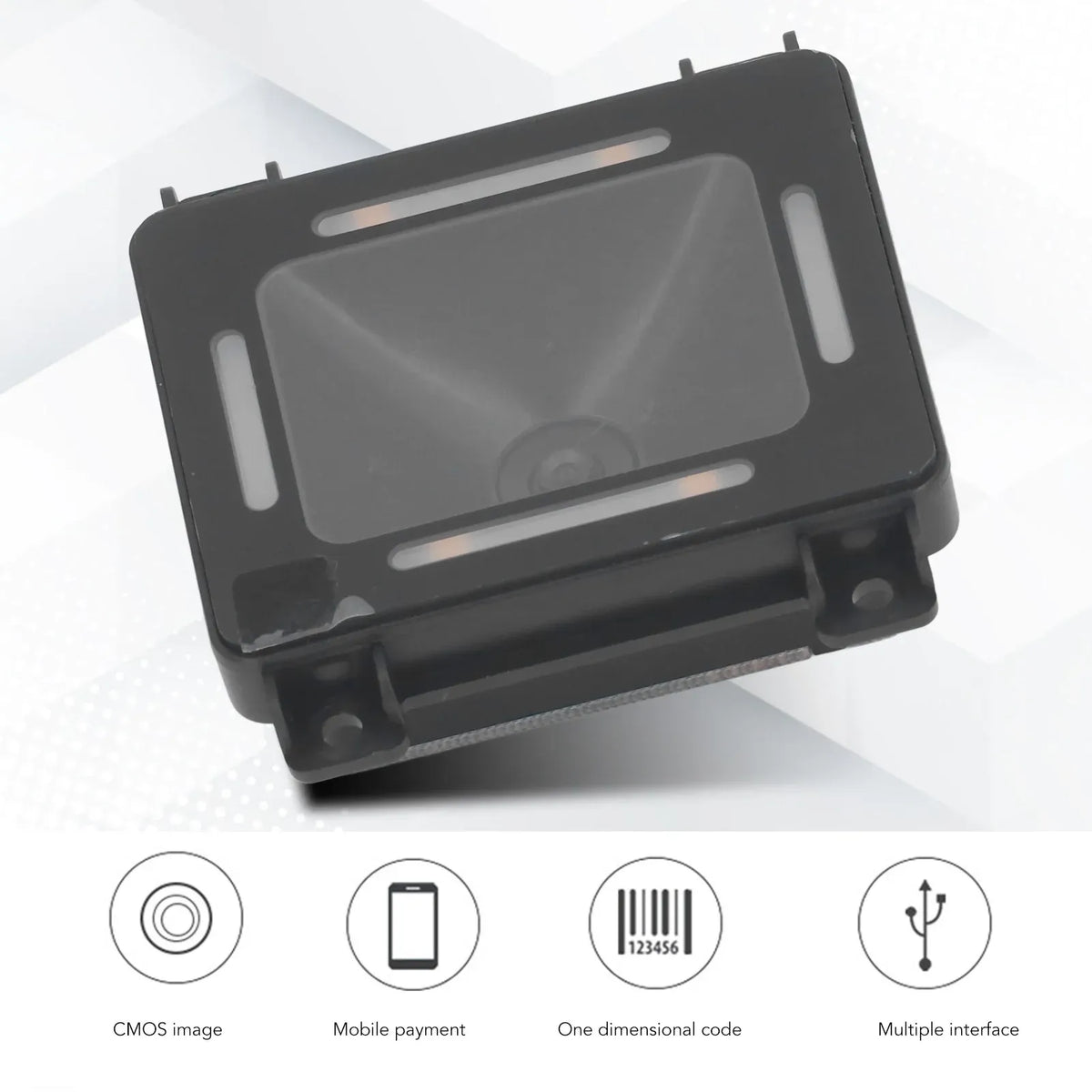 Black 2D barcode reader module close-up, front scanning window with side slots