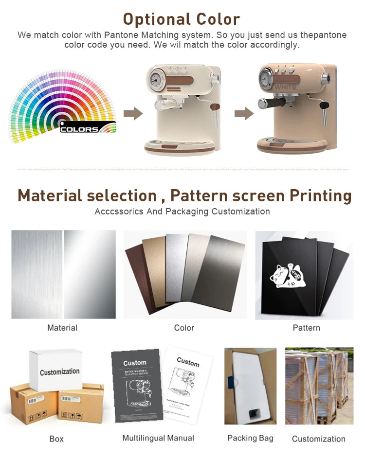 Customizable retro espresso machine with Pantone color matching, metallic finishes, and bespoke packaging options.