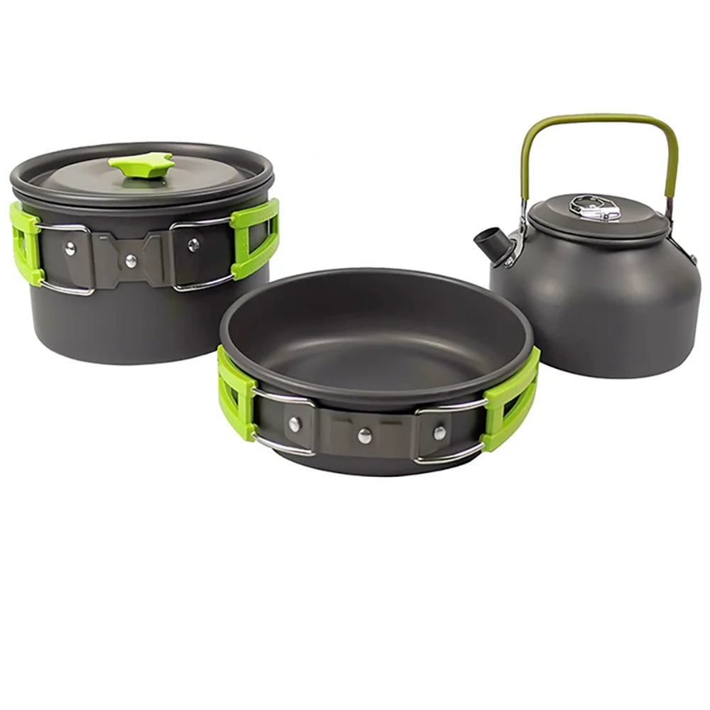Aluminum alloy camping cookware set with matching pots and kettle, lime green latches