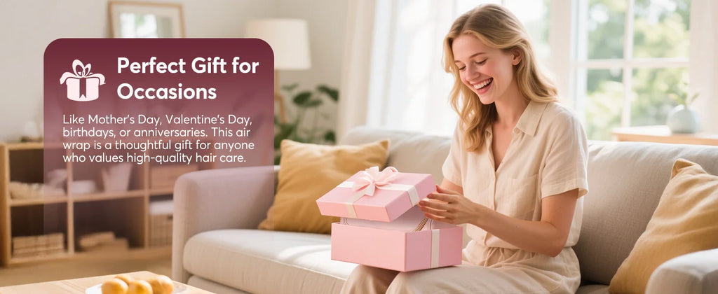 Woman opening a pink gift box containing a 5-in-1 professional hot air styler, hair dryer brush, and curler set.