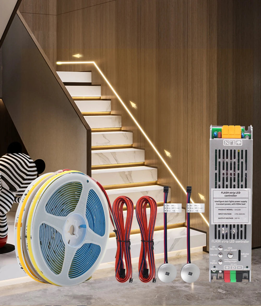 5M 10M 15M Sensor Motion Stairs LED Strip Light Kit 24V COB Water Flow Staircase Step Lighting for Interior Ladder Corridor Lamp