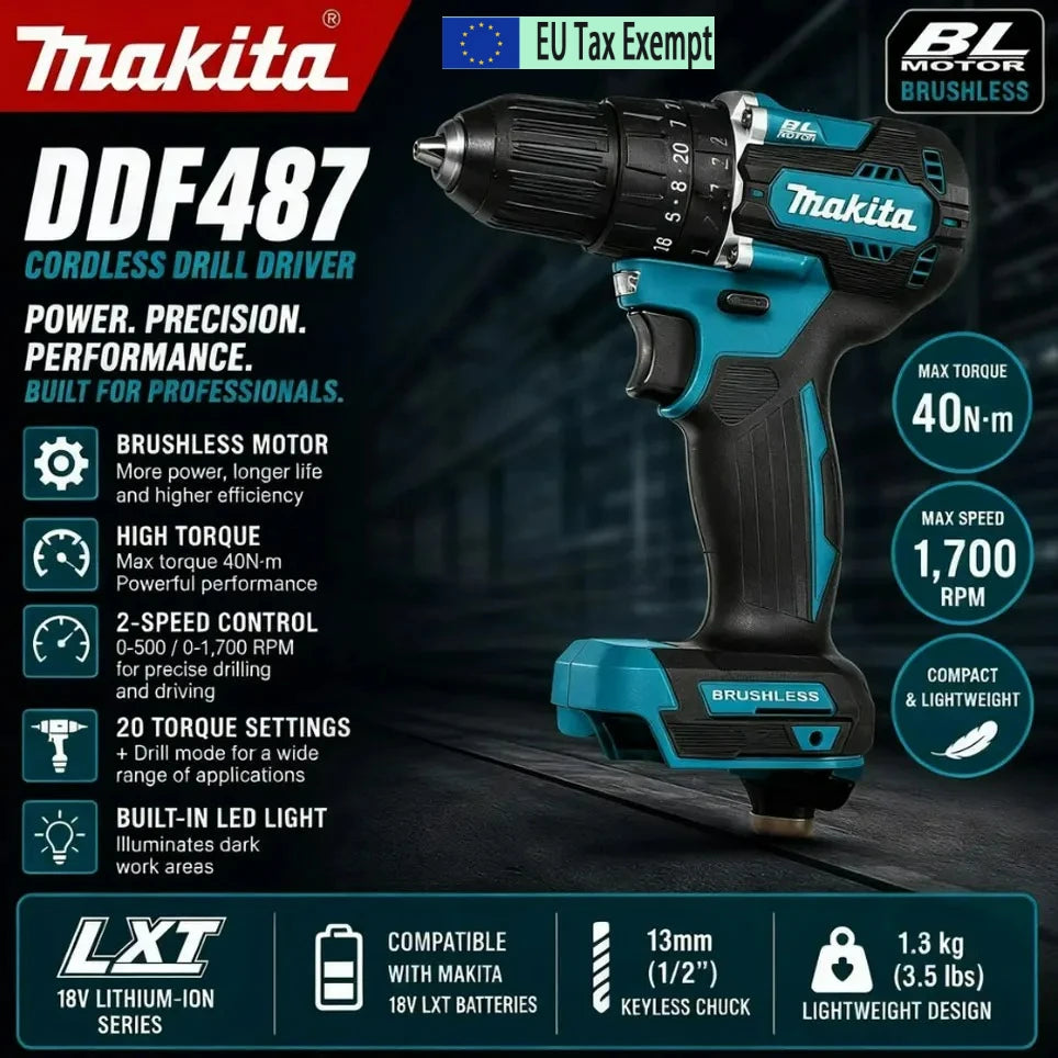 Makita DDF487 18V Cordless Brushless Driver Drill Impact Screwdriver Rechargeable Electric Power Tool Kit for Car Repair-🔋100% Genuine 18V Makita 6Ah Makita Battery BL1840 BL1830B BL1850B BL1850 BL1860 BL1815 Replacement L
