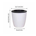 White self-watering flower pot with black top rim, shown with size measurements.