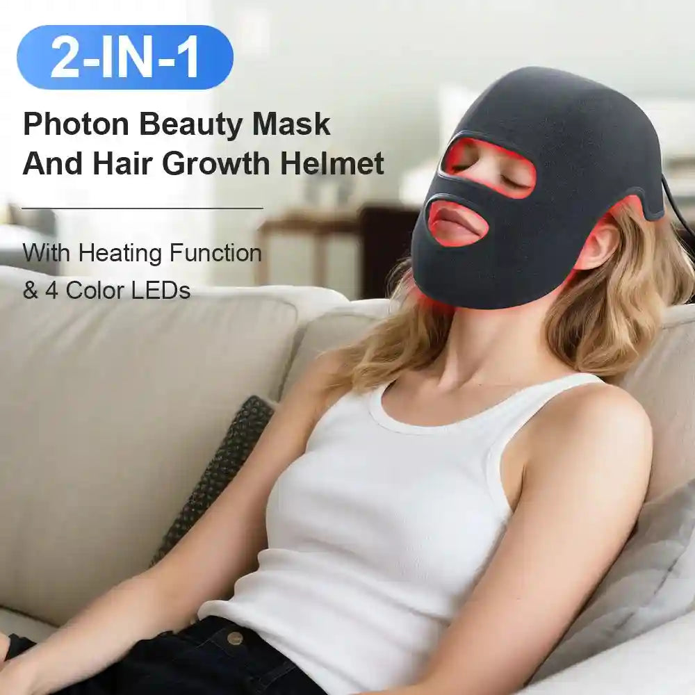 2-in-1 LED red light therapy mask and hair growth helmet for skin rejuvenation and anti-aging home treatment.