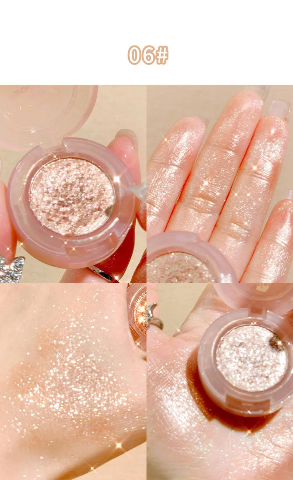 Tidesmit monochrome glitter eyeshadow and shimmering highlighter powder texture close-up for waterproof face makeup