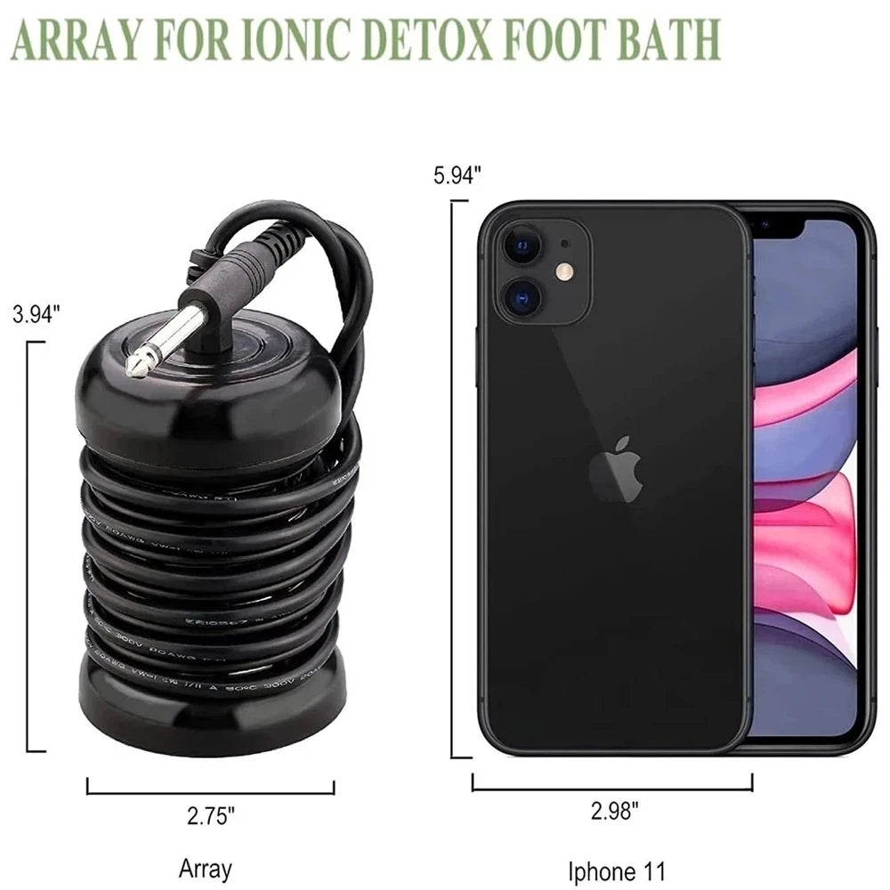Black ionic detox foot bath array head with cord, shown next to an iPhone 11 for scale, 3.94 inch height.