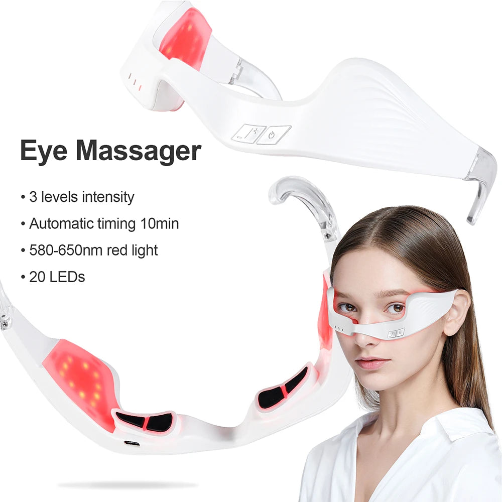 White electric red light eye massager glasses for anti-wrinkle care and fatigue relief with 20 LEDs and 3 intensities.