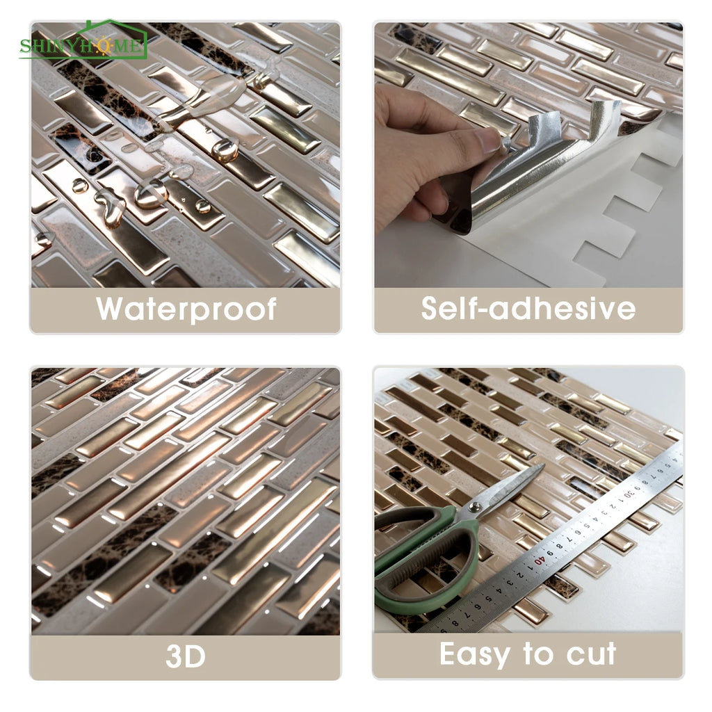 1/10/30 Sheets Gold Mosaic Self-Adhesive Wall Tiles Kitchen Backsplash Bathroom Home Wall DIY Decoration 11.8" x 12"