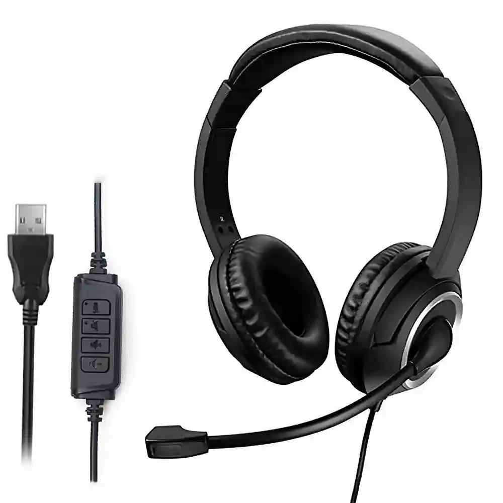 USB Wired Headset with Noise Cancelling Mic for PC Laptop - Black Tidesmit