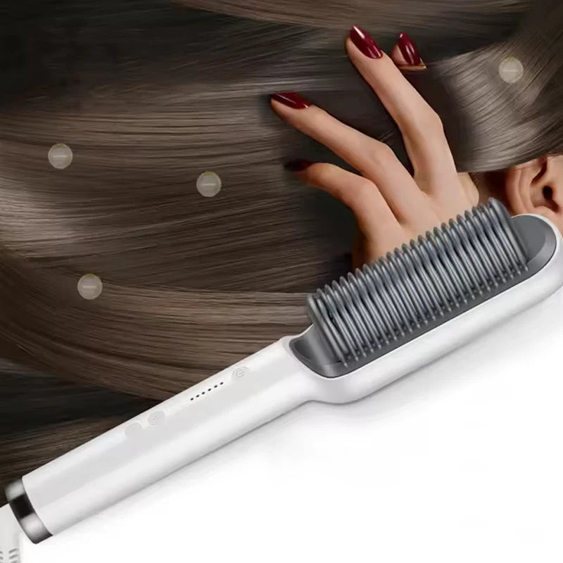 White professional ceramic hair straightener brush for salon-quality styling of long hair.