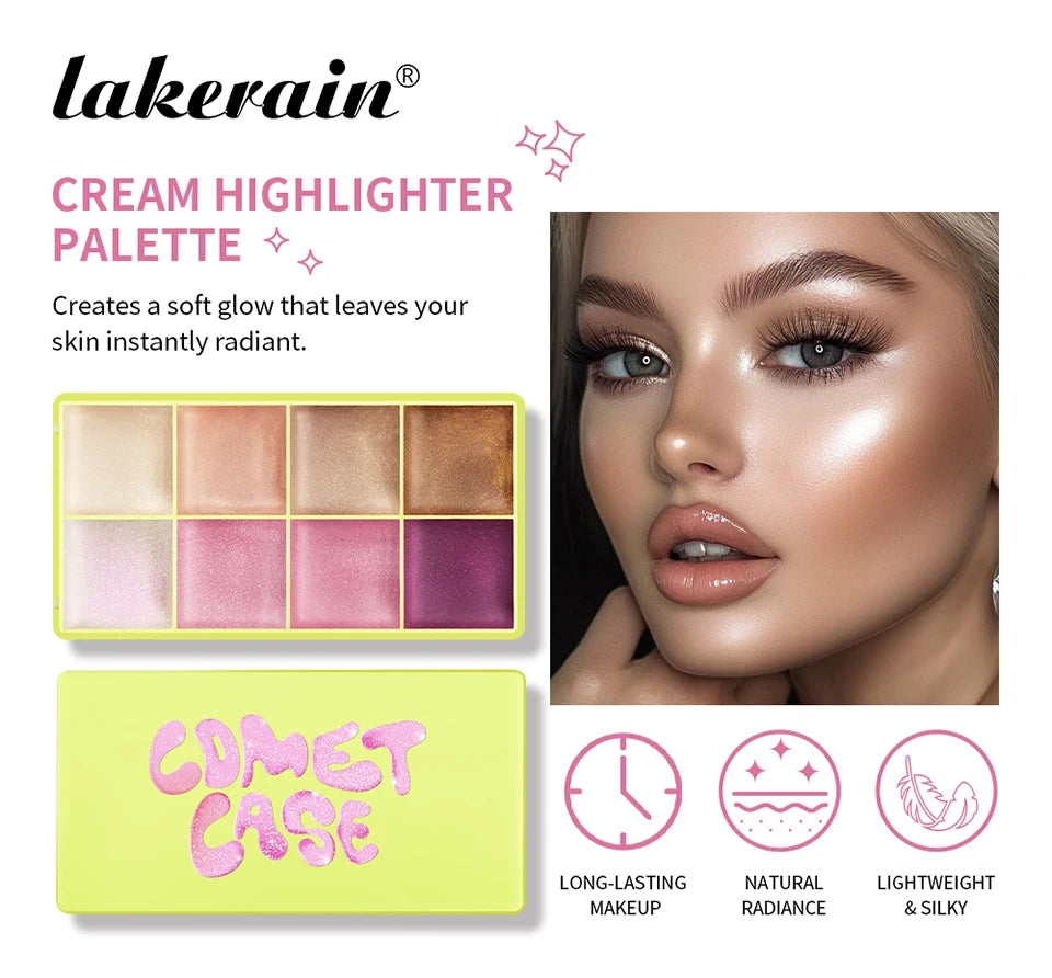 Tidesmit 8 color cream highlighter palette texture close-up showing shimmer waterproof face makeup shades