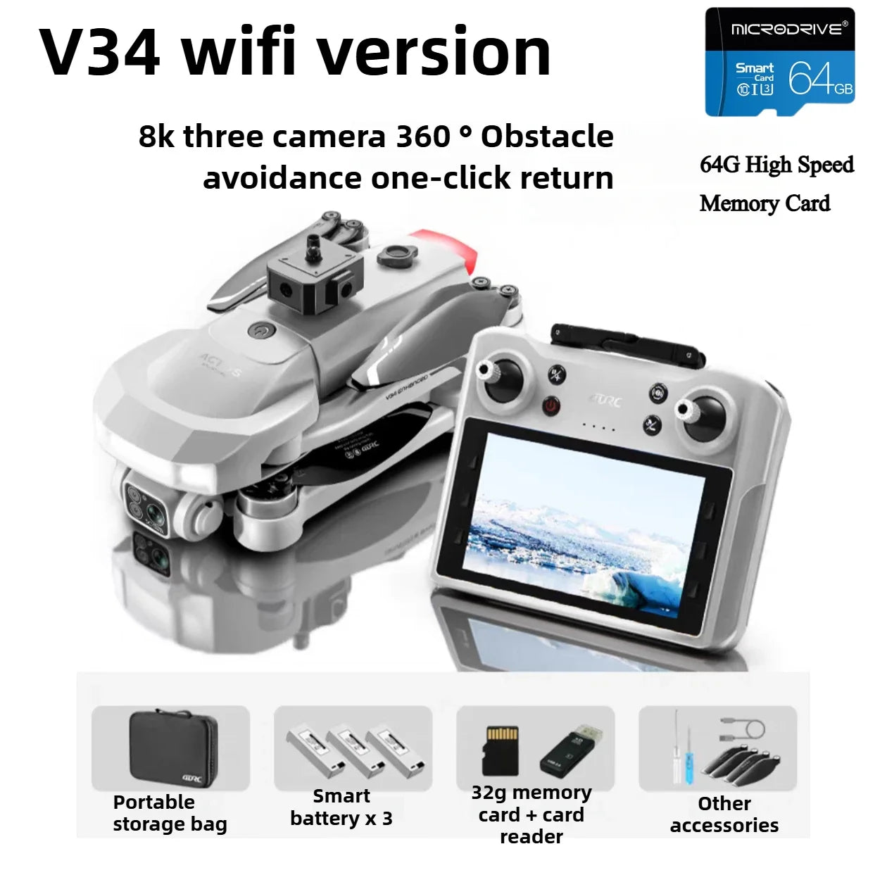 Tidesmit 4K GPS Foldable Camera Drone with Obstacle Avoidance V34-WiFI-3B-64G Tidesmit