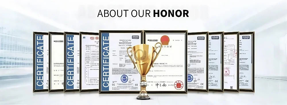 Gold trophy with multiple professional health product certificates for EMS body sculpting and cellulite machines.