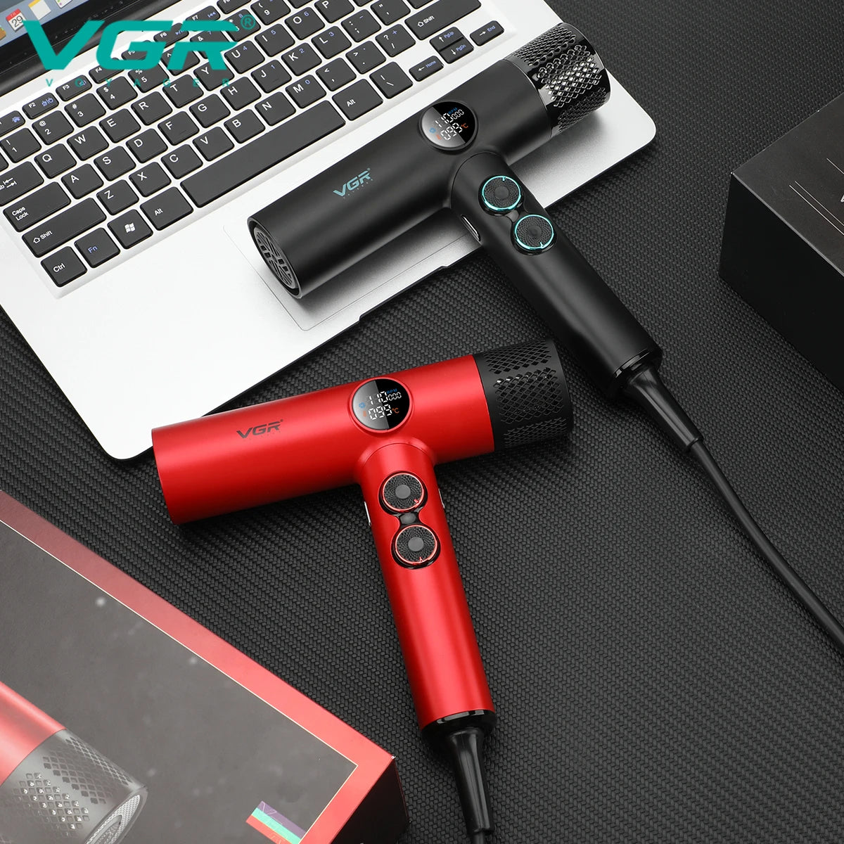 VGR V-401 professional hair dryer with digital display, high-speed BLDC motor, black and red colors.