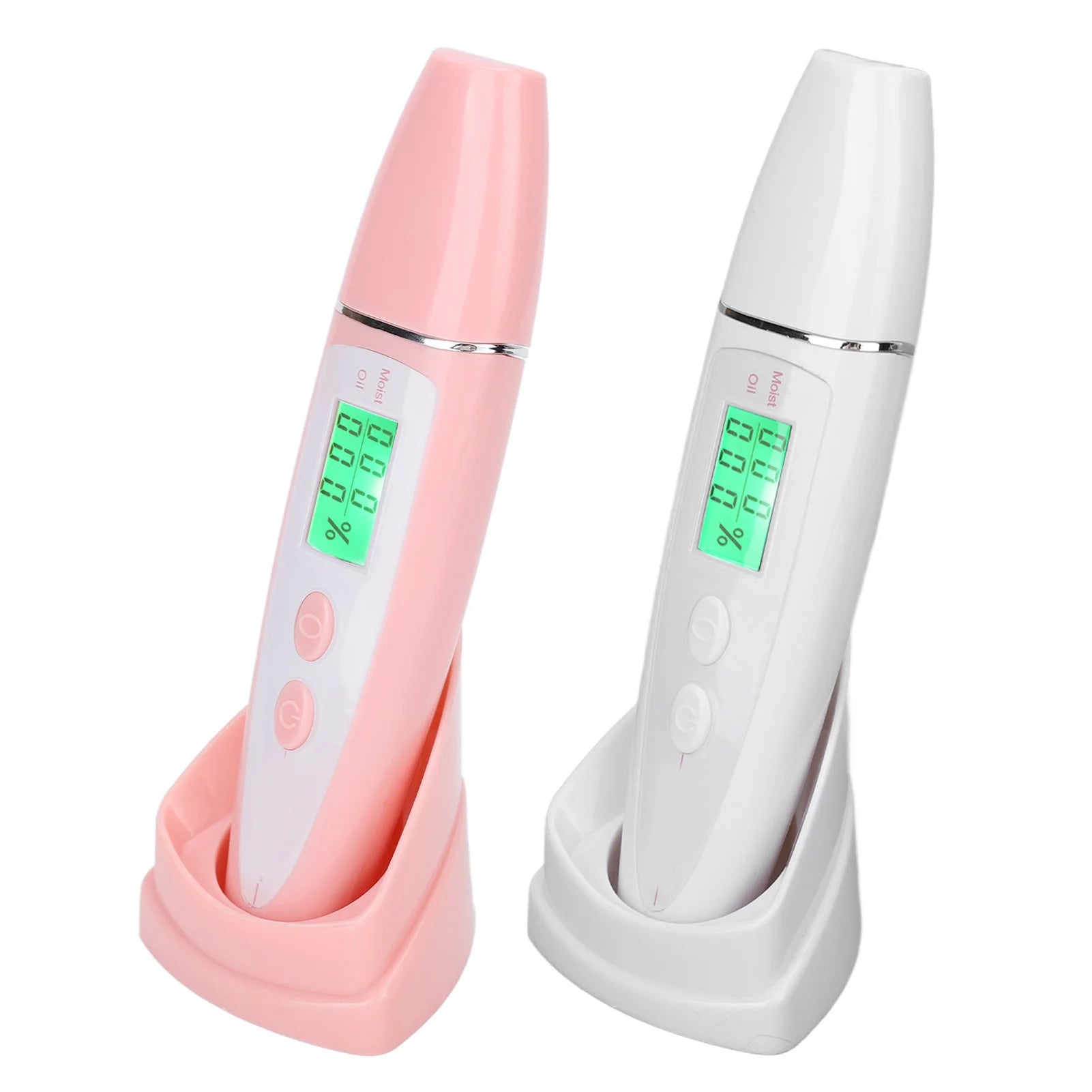 Pink and white portable digital facial skin analyzer pens with LCD displays for oil and moisture testing in stands.