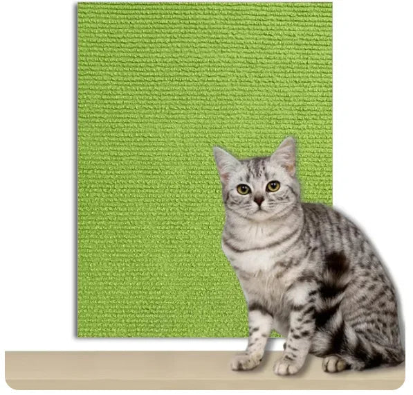 Green self-adhesive cat scratching mat with cat standing