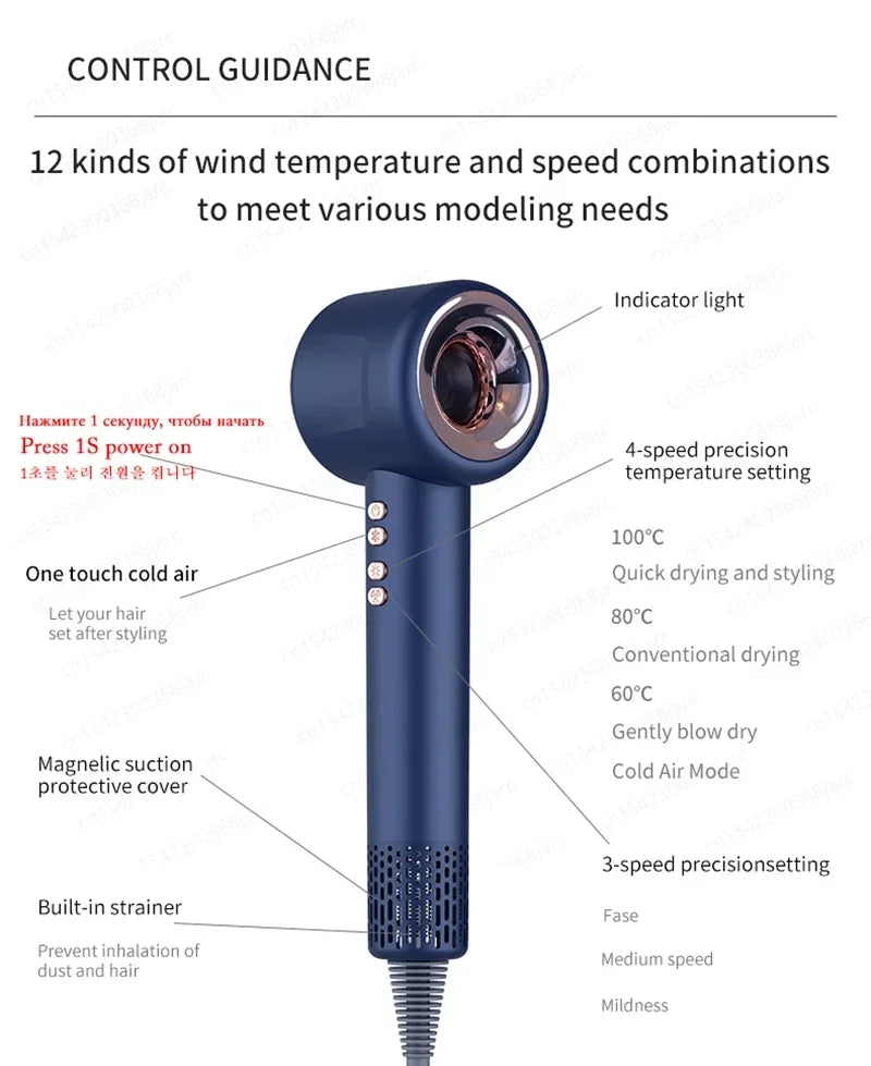 Blue 1600W leafless ionic hair dryer with 12 speed/heat settings, cold air button, and magnetic filter cover.