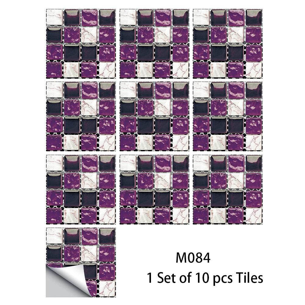 10pcs Flat Mosaic Style Tiles Sticker Kitchen Bathroom Waterproof & Oilproof Art Wall Sticker Peel & Stick Surface Glossy Film