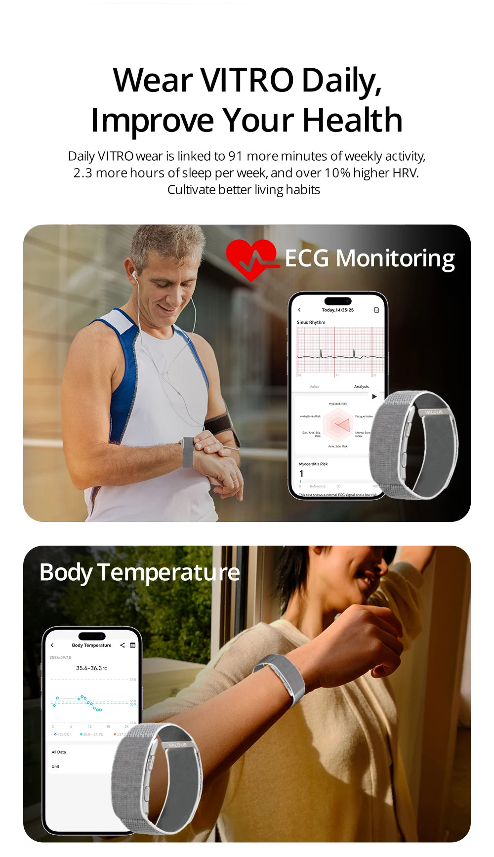VALDUS New VITRO Smart Bracelet ECG Health Tracker Sports Fitness Heart Rate Blood Pressure Man Woman Wristband For ios Android
