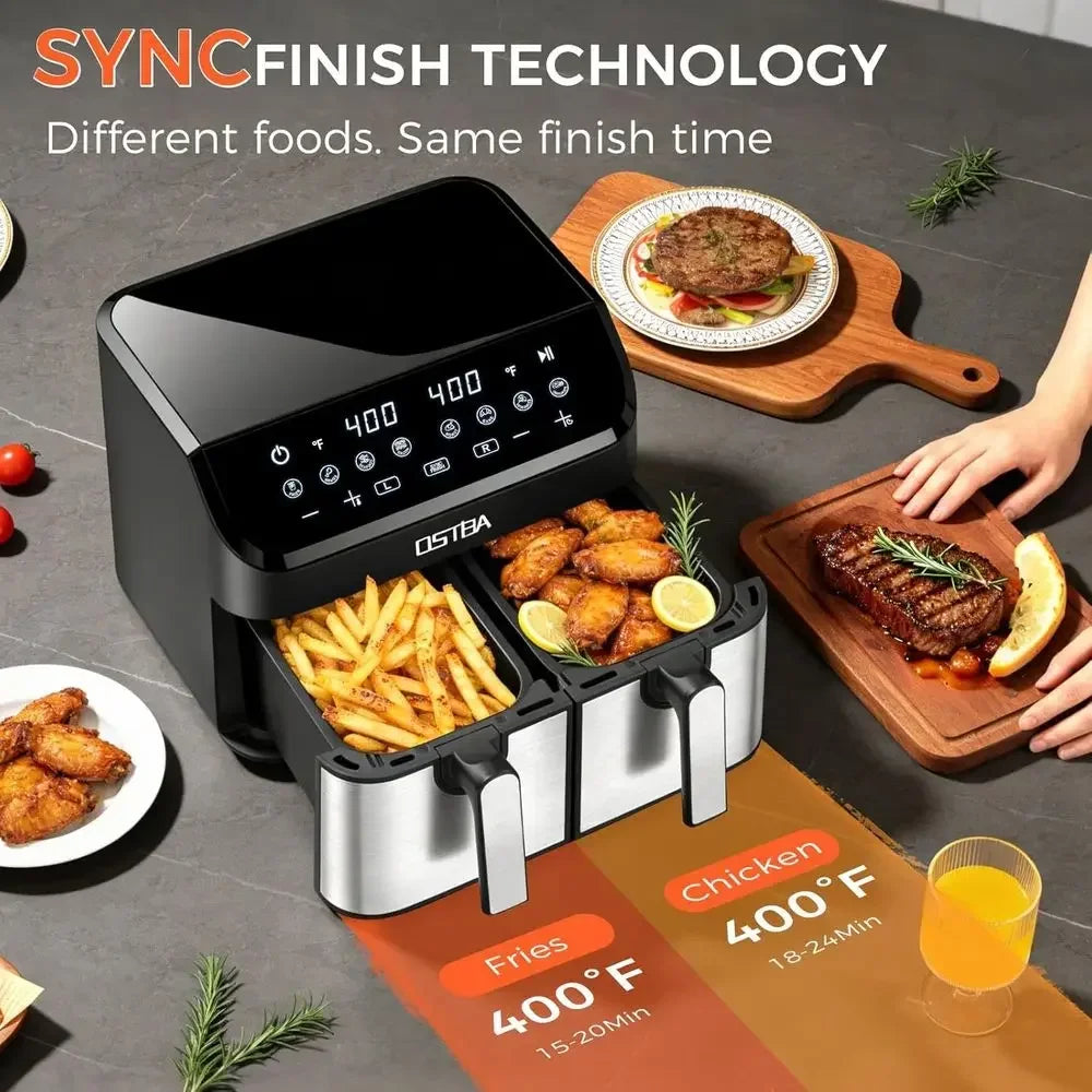 9.5QT Dual Air Fryer, 1700W Power, 2x 4.25QT Stainless Steel Baskets, Digital Touch, 8 Cooking Presets, Auto Shut-off, Dishwashe