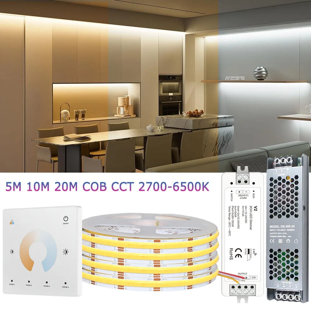 5M 10M 20M COB CCT LED Strip 24V Flexible High Density Dimmable Room Light 2.4G RF Touch Remote Control Dual White 2700K-6500K
