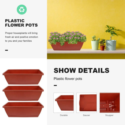Terracotta plastic rectangular flower pots, three-tier stack with saucers