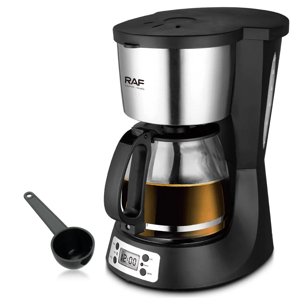 RAF programmable coffee maker with digital timer, black and stainless steel finish, glass carafe, and coffee scoop.