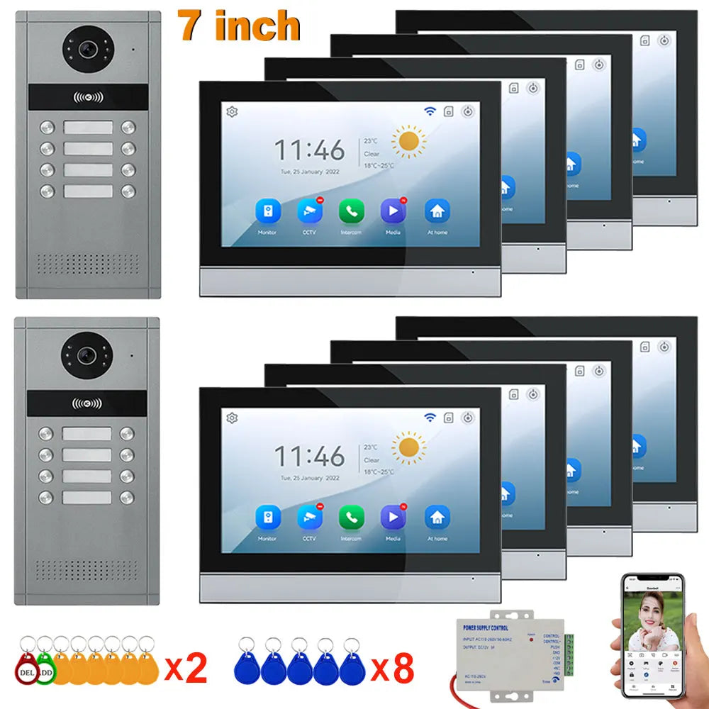 7-inch video doorbell system bundle with multiple monitors and blue keys quantity x8