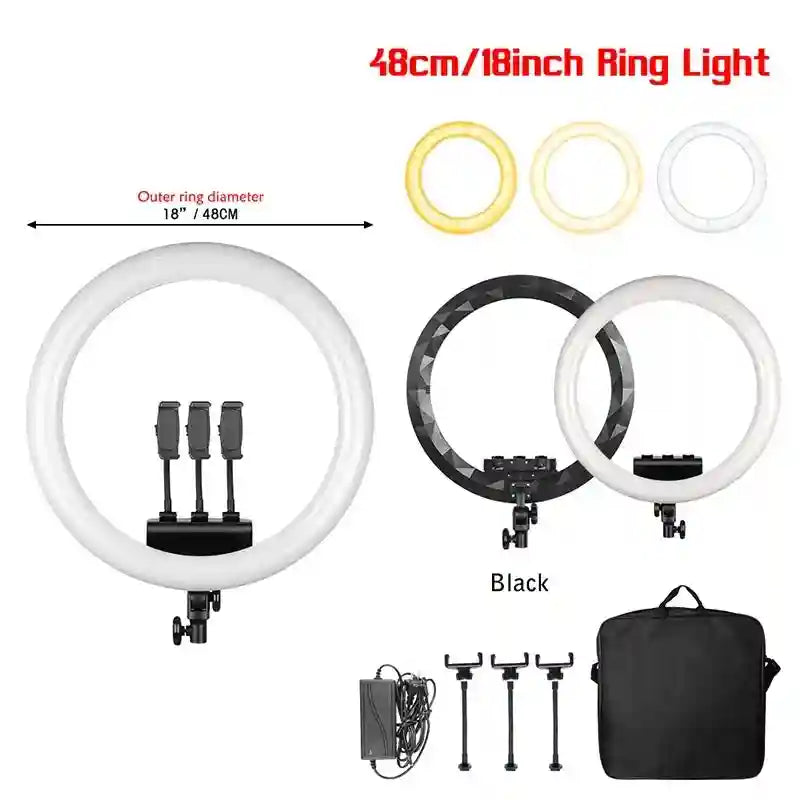 18-inch LED ring light with three phone mounts, adjustable color temperatures, power adapter, and carrying case.