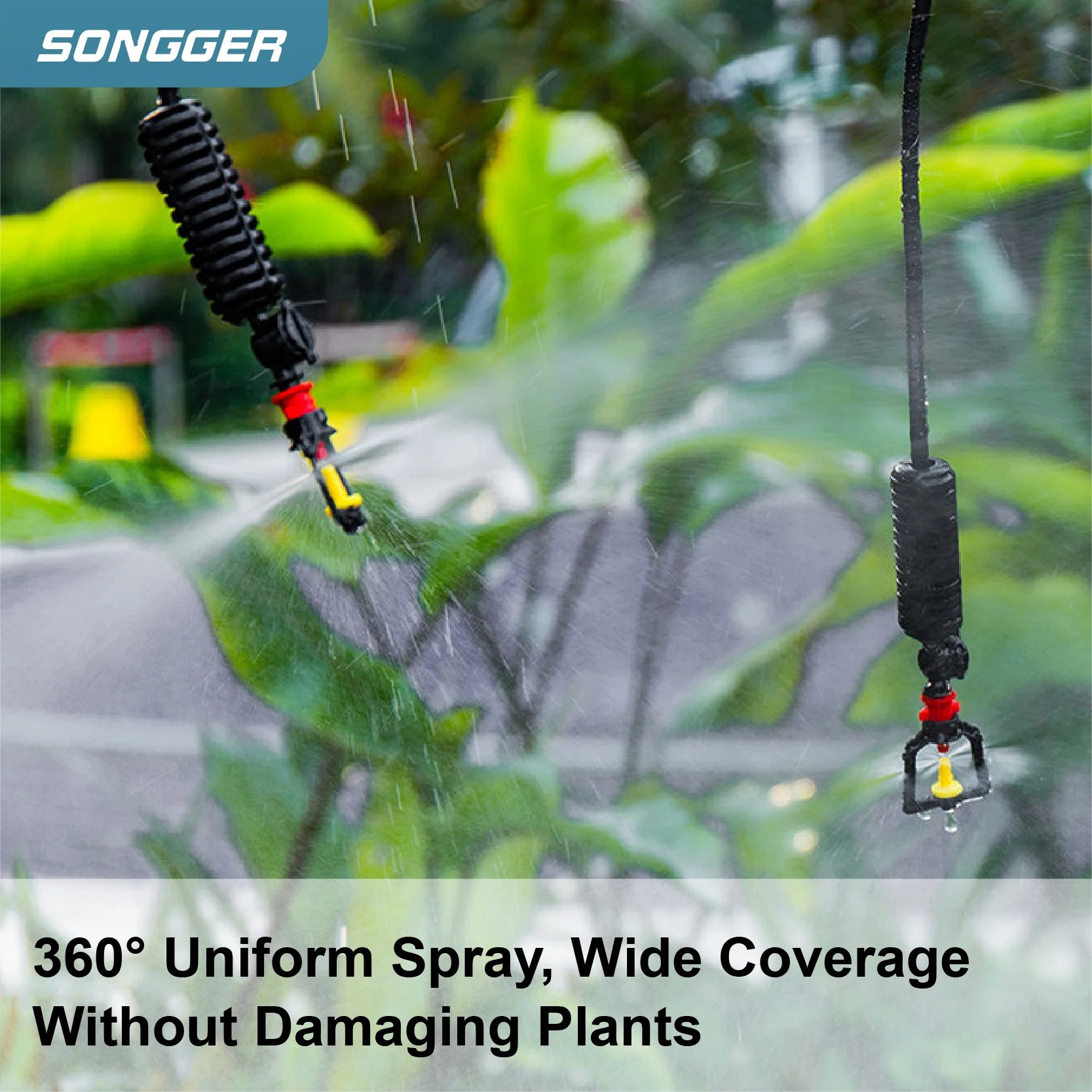 Hanging micro sprinkler nozzle spraying fine mist from an inverted spray head