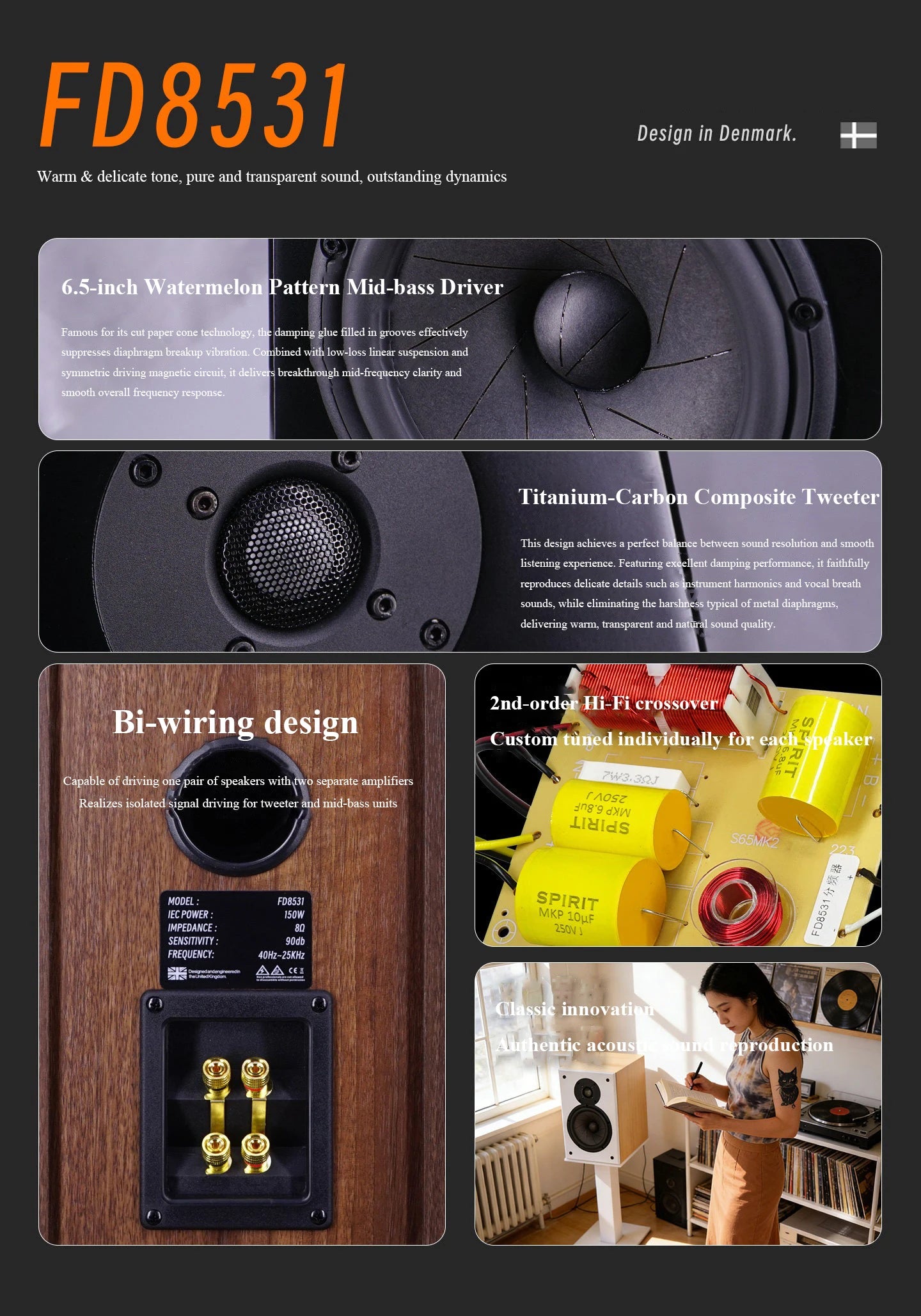 High-end 6.5-inch HIFI Passive Bookshelf Speaker 2-way Crossover Bi-wiring Connection 150W High-fidelity Wooden Audio Speaker