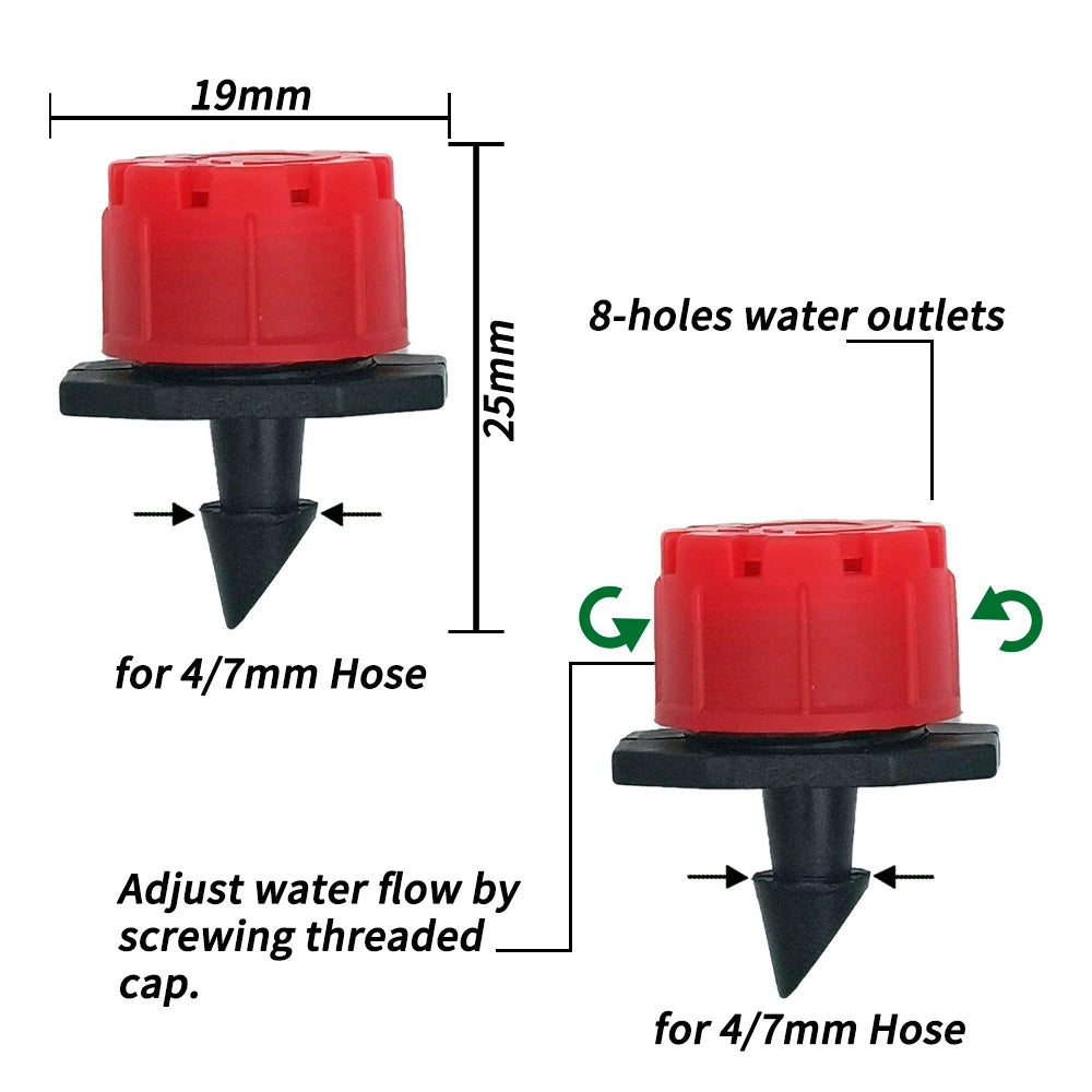 Adjustable 4/7mm hose drip emitter with red 8-hole outlet and flow control cap