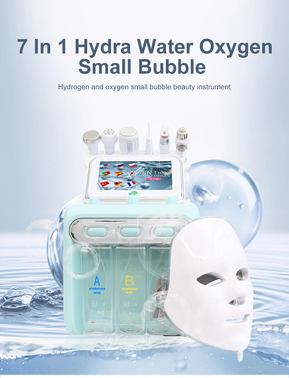 7-in-1 Hydra Water Dermabrasion facial machine with LED mask, probe heads, and solution bottles for deep skin cleansing.